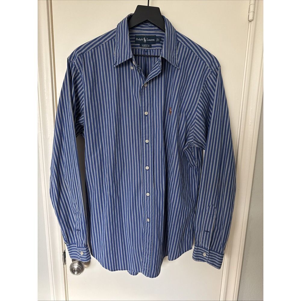 Ralph Lauren Classic‎ Fit Shirt Men's Large Blue Striped Button-Up Long Sleeve